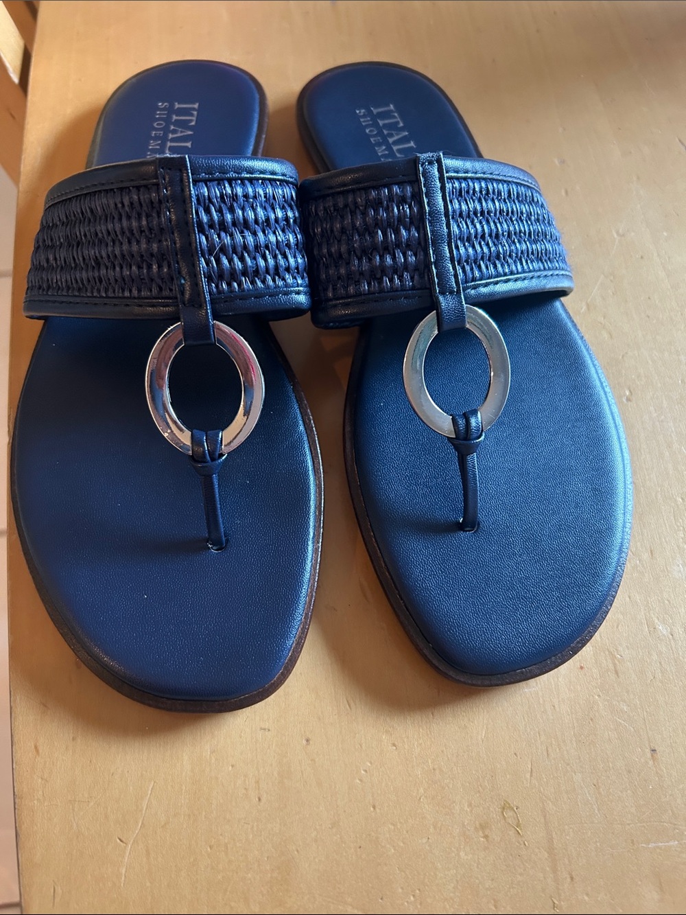 Italian Shoemakers Navy Braided Thong Sandals with Silver Ring - Picture 3 of 4